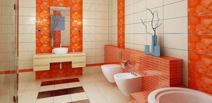 baño de color naranja y blanco